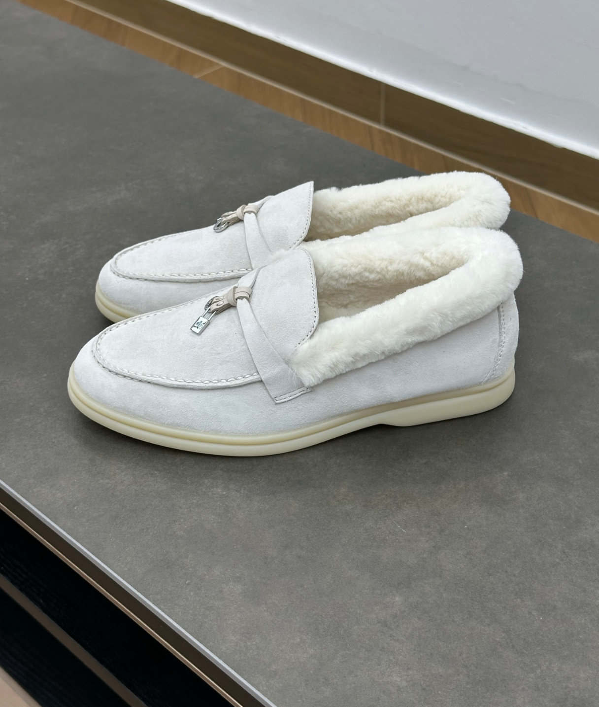Summer Charms Walk Light Grey Fur Loafer Suede