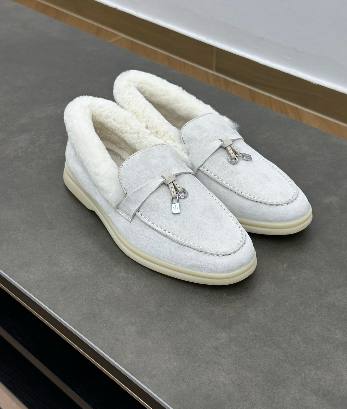 Summer Charms Walk Light Grey Fur Loafer Suede