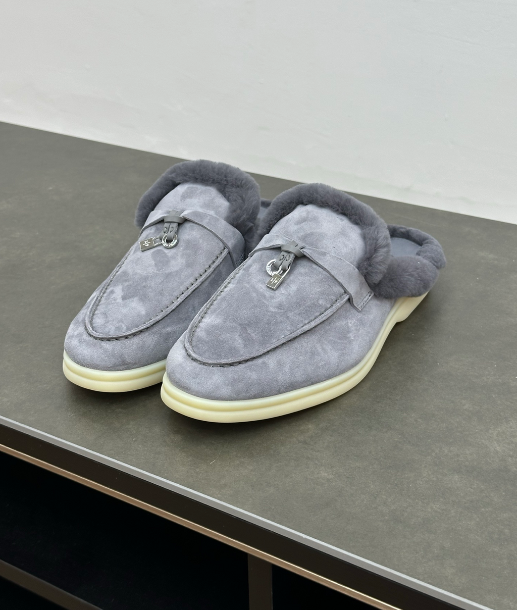 Charms Walk Babouche Grey Loafer Fur Suede