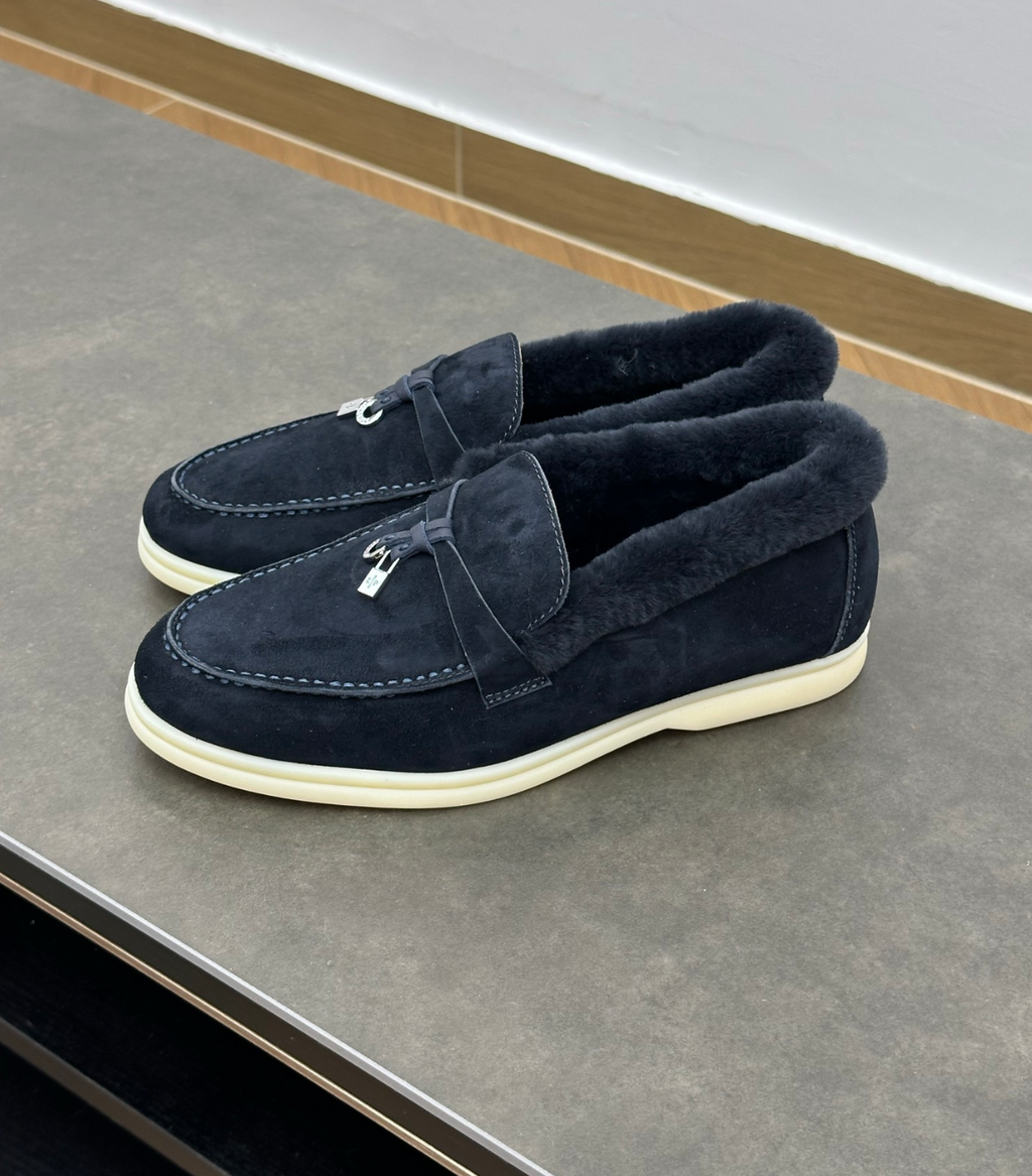 Summer Charms Walk Navy Blue Fur Loafer Suede