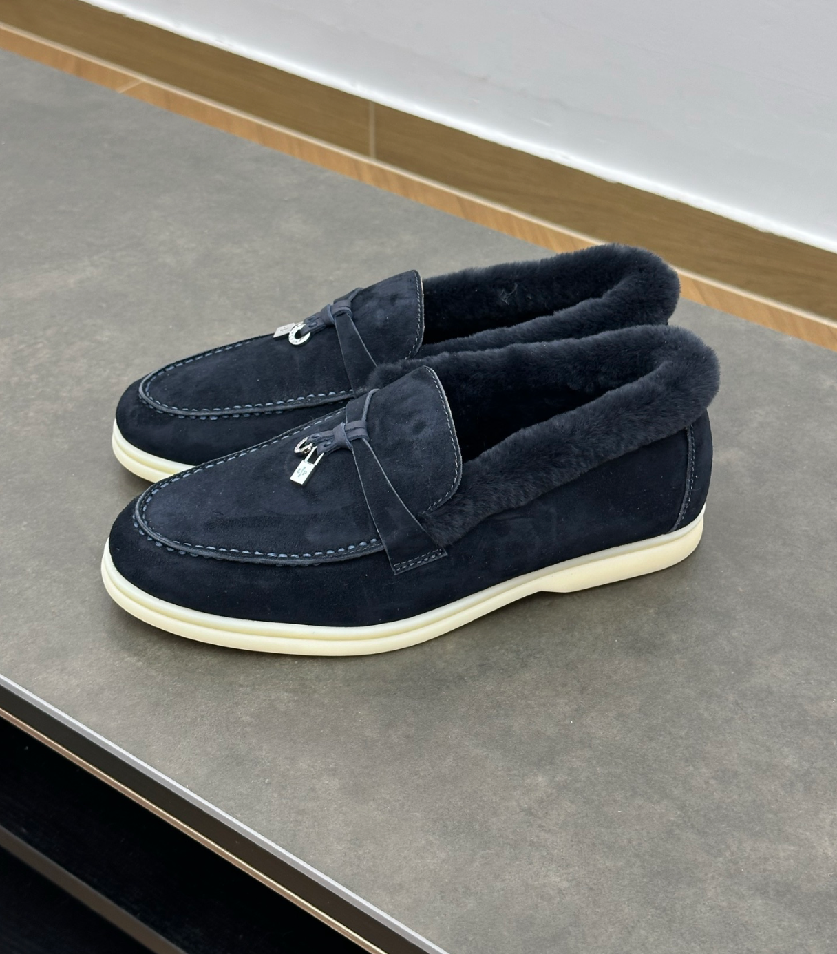 Summer Charms Walk Navy Blue Fur Loafer Suede