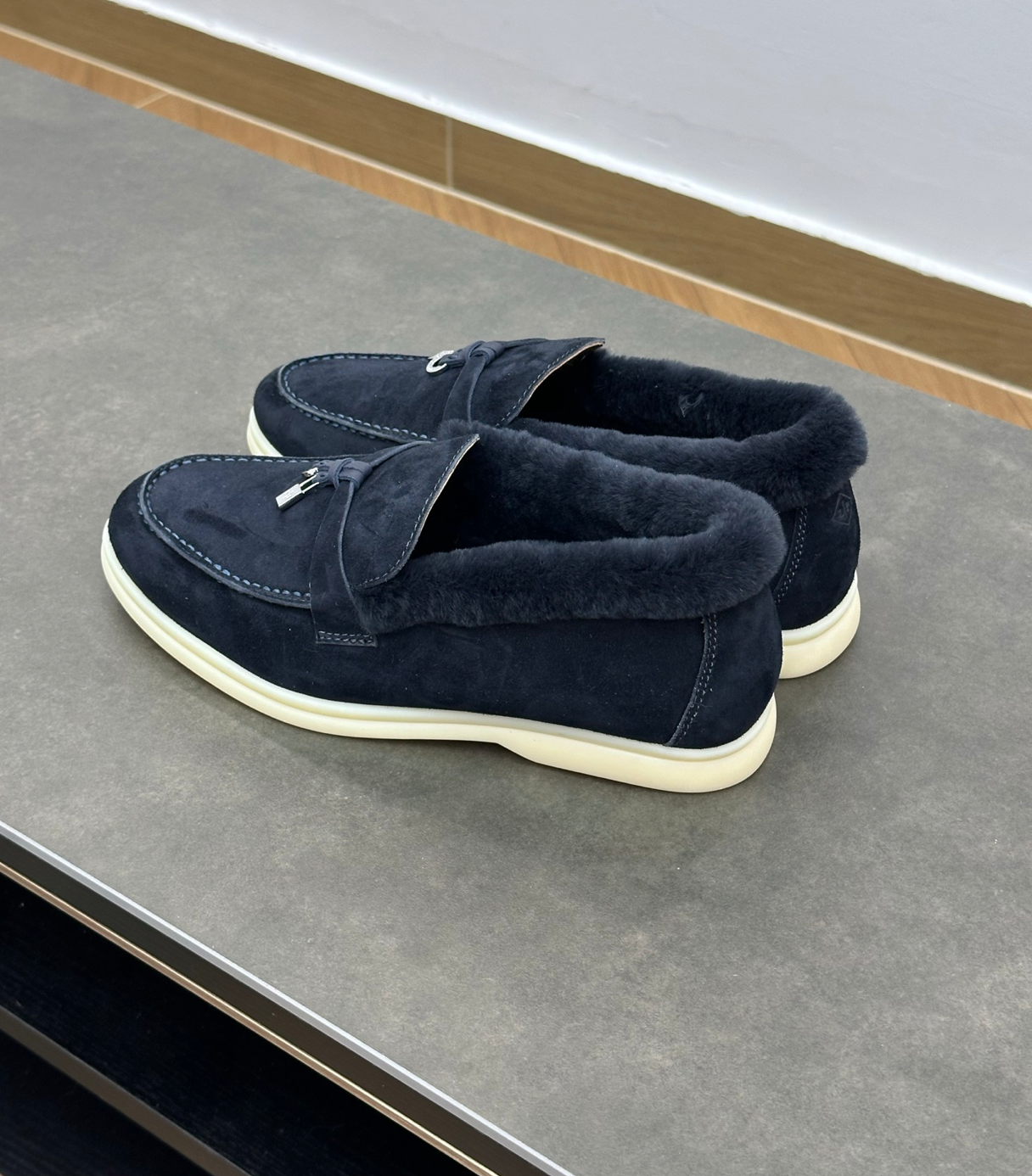 Summer Charms Walk Navy Blue Fur Loafer Suede