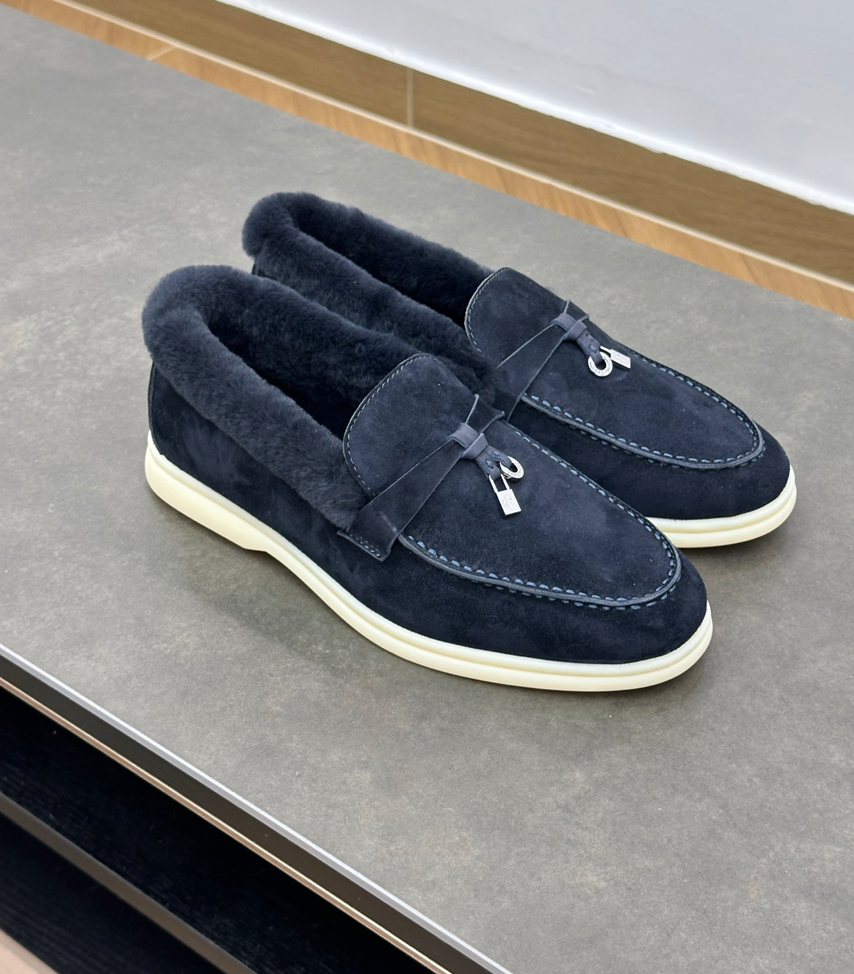 Summer Charms Walk Navy Blue Fur Loafer Suede