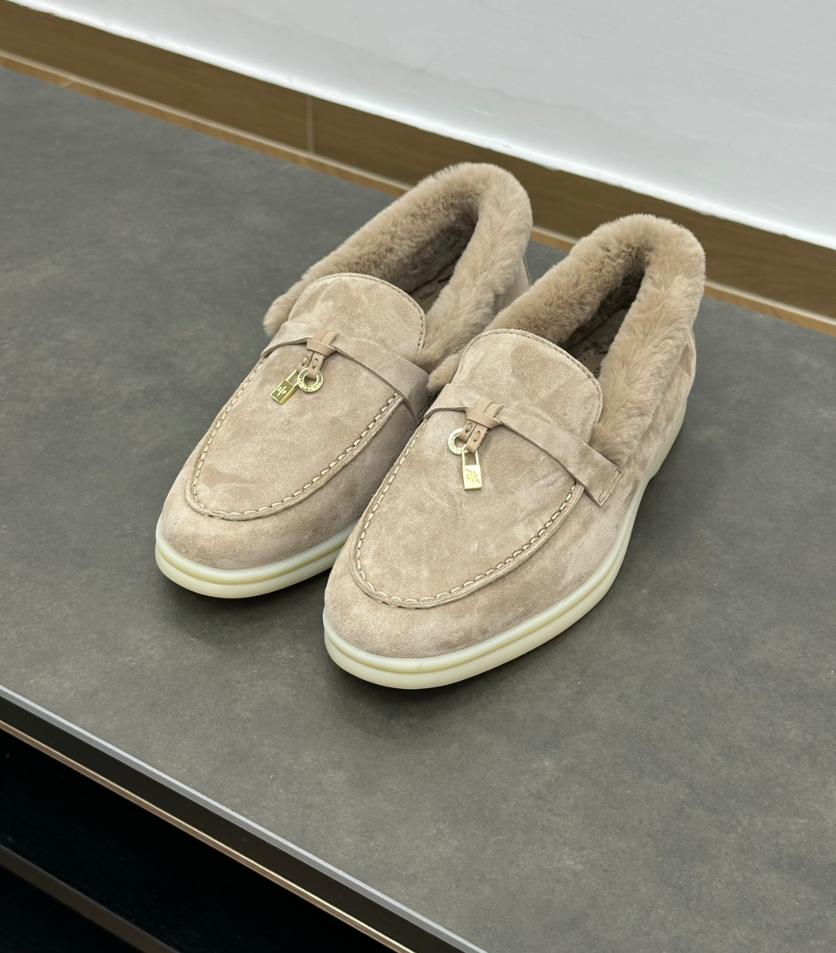 Summer Charms Walk Beige Fur Loafer Suede