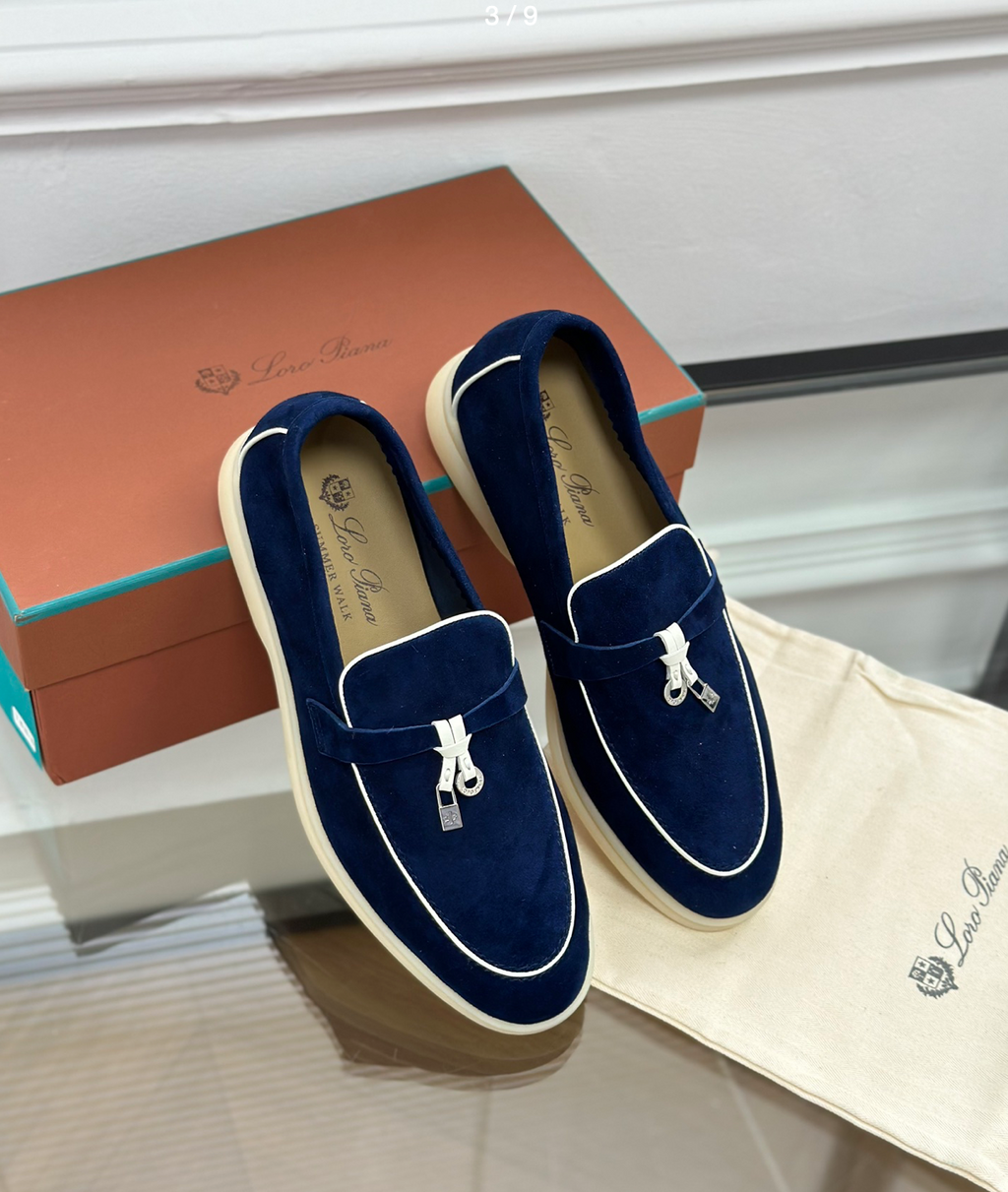 Moccassins Navy Blue/White Suede Summer Charms Walk