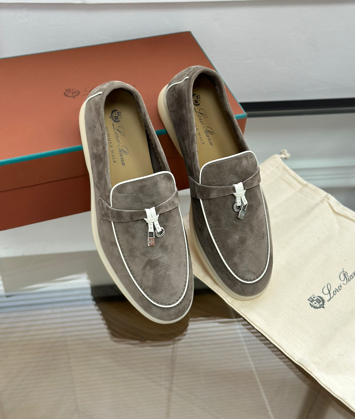 Moccassins Grey/White Suede Summer Charms Walk