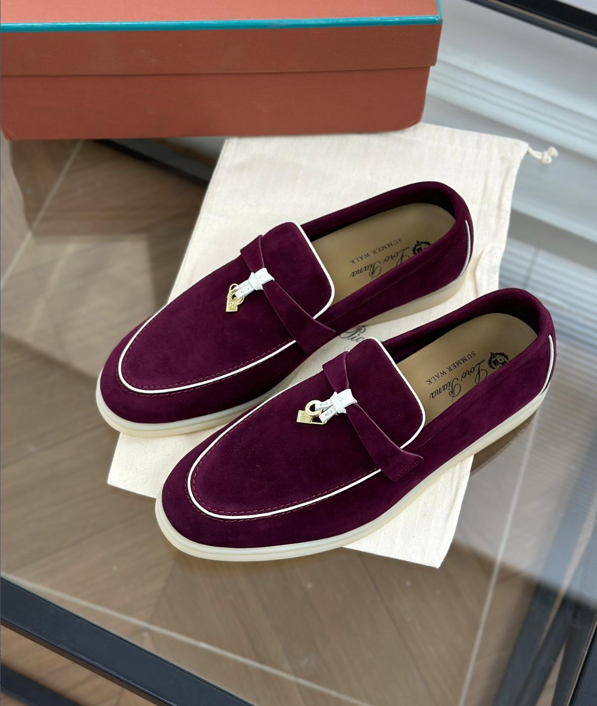 Moccassins Burgundy/White Suede Summer Charms Walk