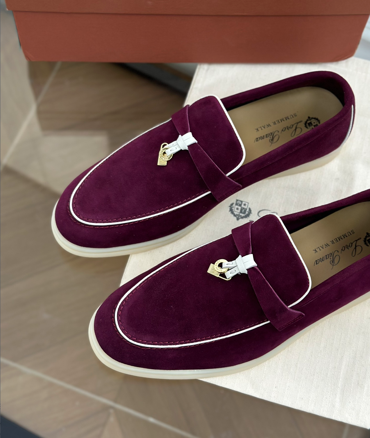 Moccassins Burgundy/White Suede Summer Charms Walk