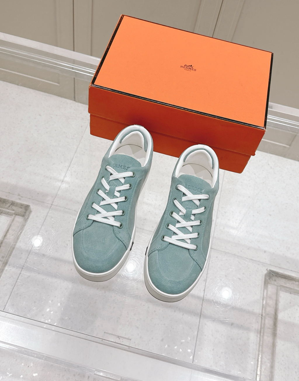 Hermès Kid Aqua Suede Sneaker