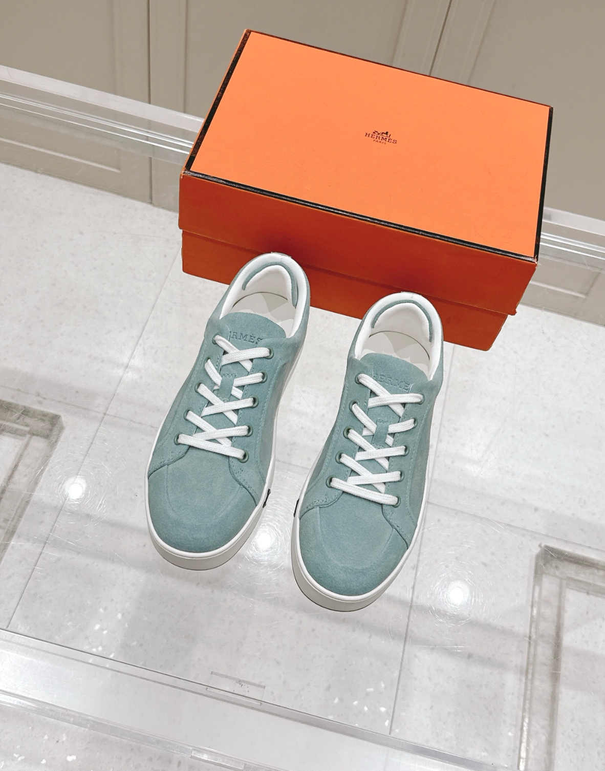 Hermès Kid Aqua Suede Sneaker