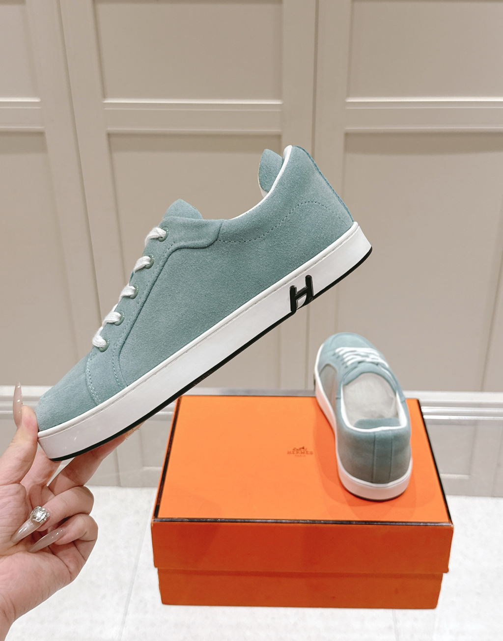 Hermès Kid Aqua Suede Sneaker