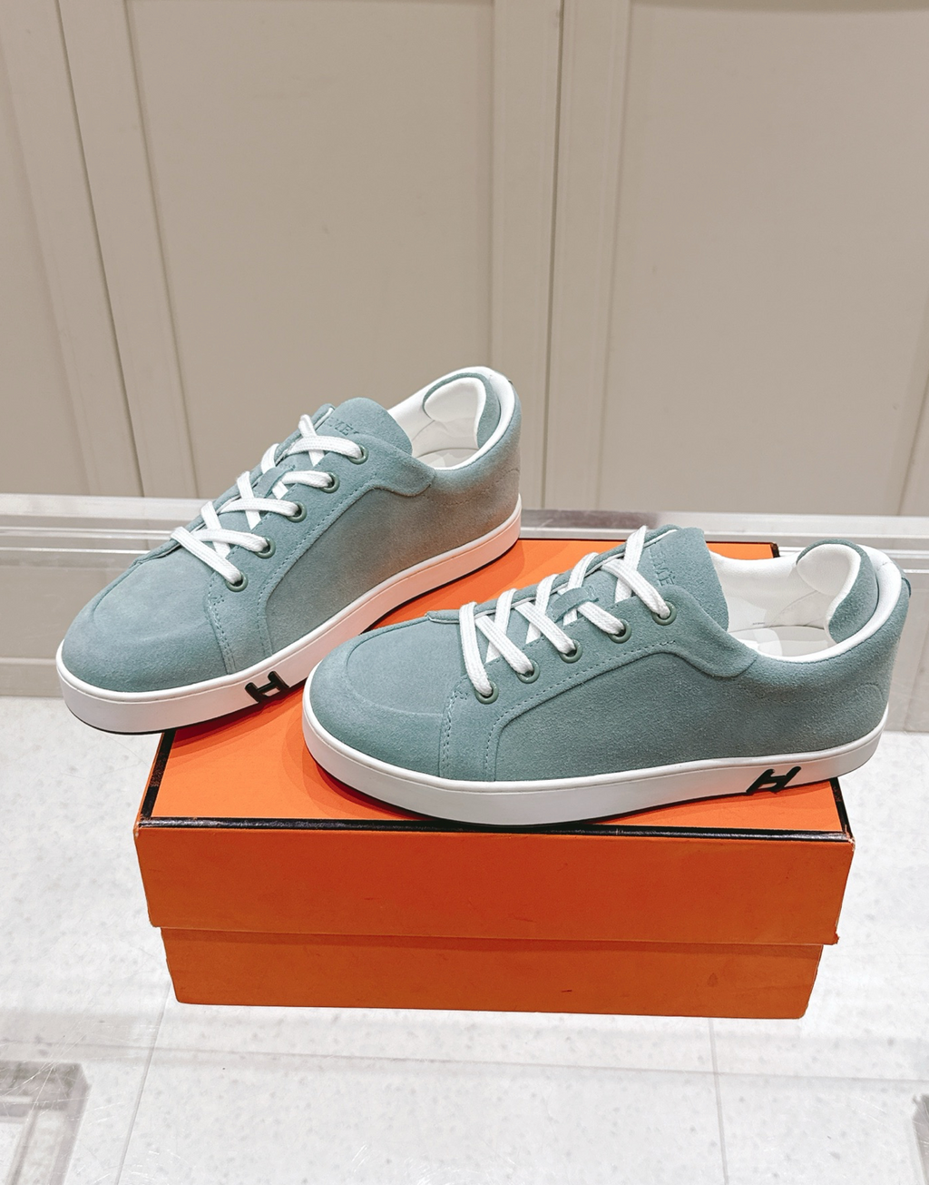 Hermès Kid Aqua Suede Sneaker