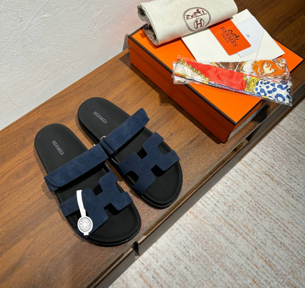 Hermès Chypre Black/Blue Suede Sandal