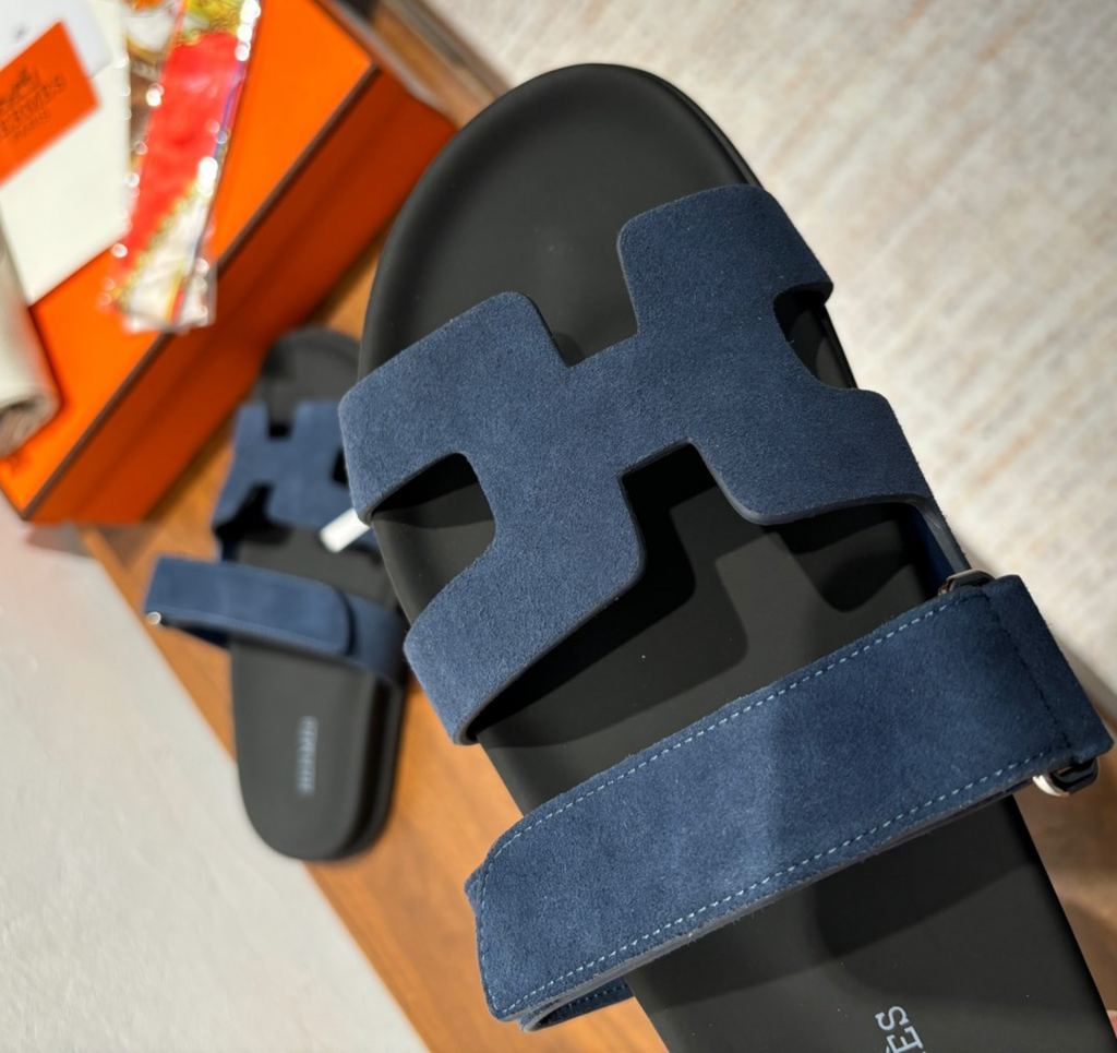 Hermès Chypre Black/Blue Suede Sandal