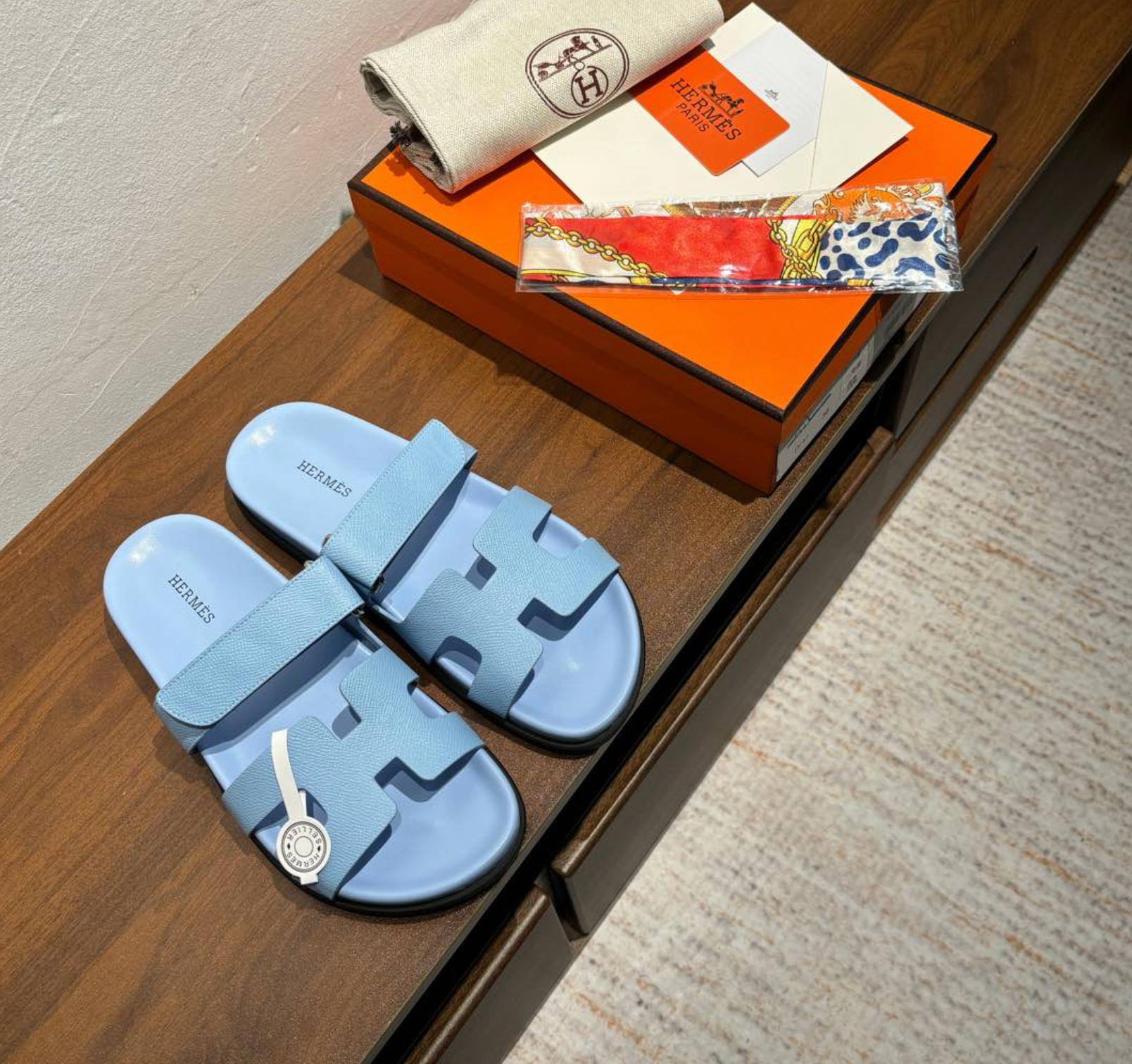 Hermès Chypre Leather Light Blue Sandal