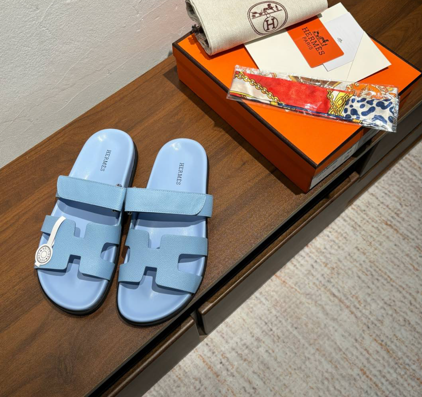 Hermès Chypre Leather Light Blue Sandal