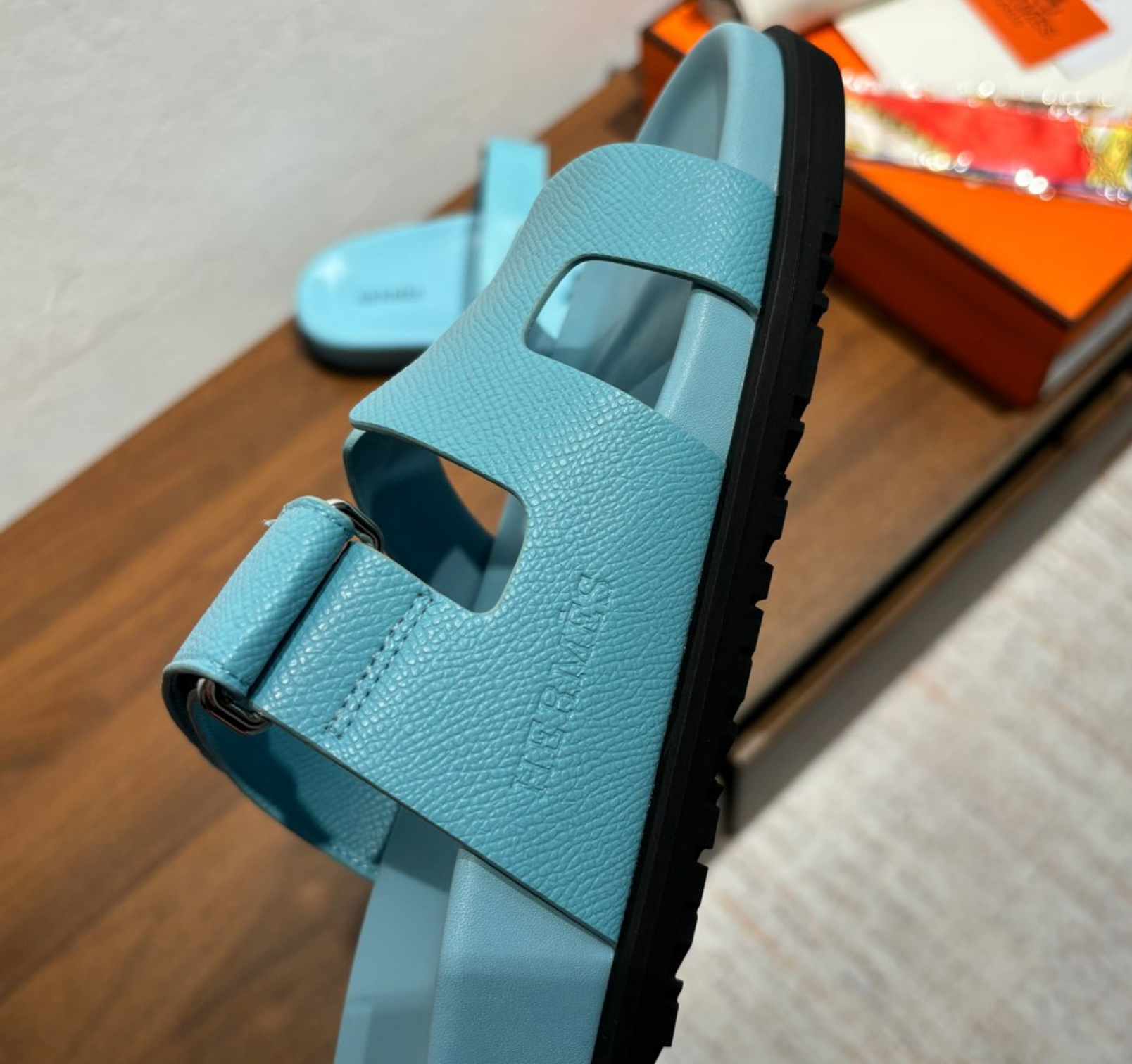 Hermès Chypre Leather Celestial Blue Sandal