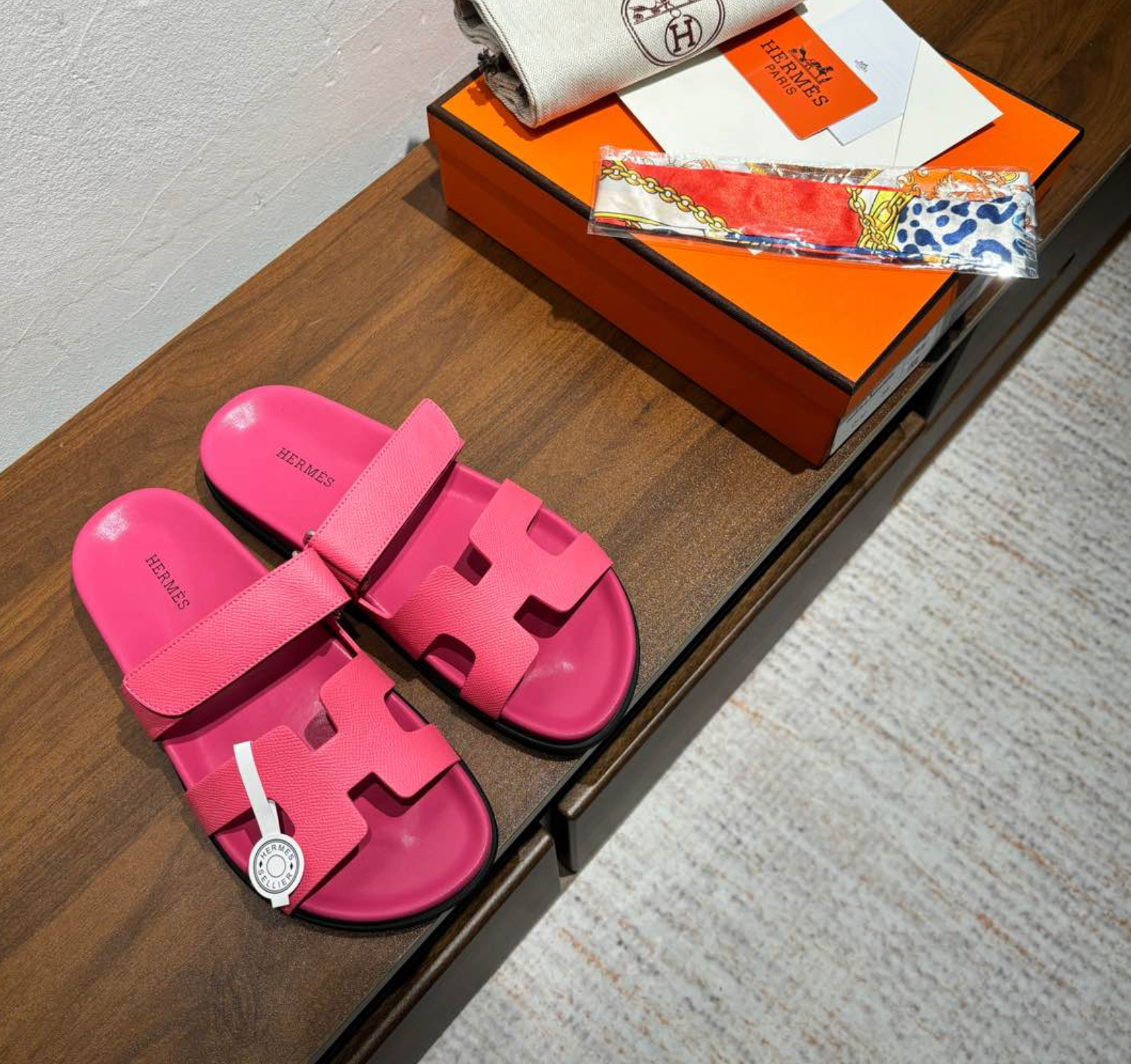 Hermès Chypre Leather Rose Vermillon Sandal