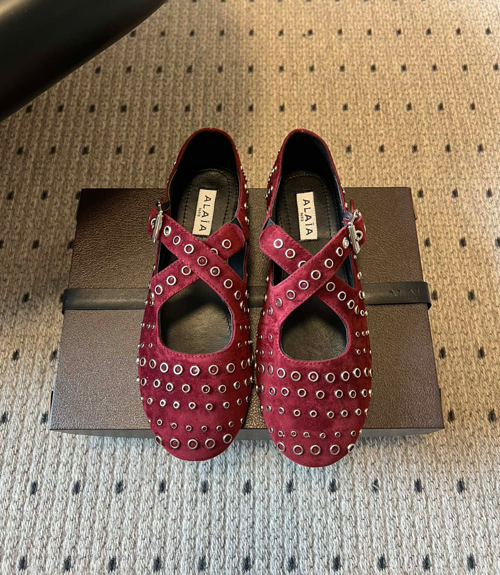 ALAÏA BURGUNDY CRISS CROSS BALLET FLATS SUEDE WITH EYELETS