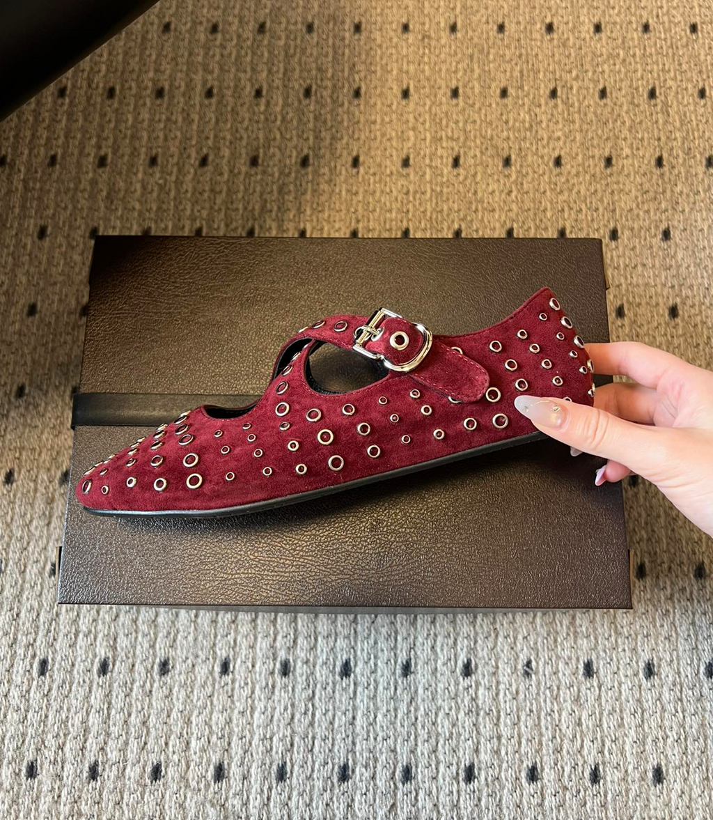 ALAÏA BURGUNDY CRISS CROSS BALLET FLATS SUEDE WITH EYELETS