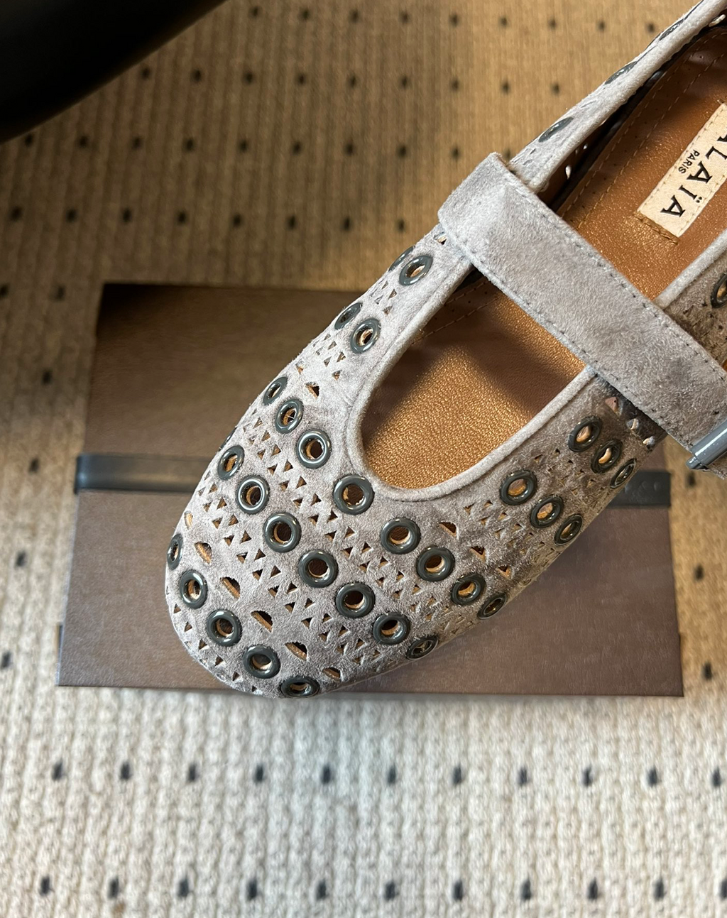 ALAÏA GREY SUEDE VIENNE PERFORATED BALLET FLAT