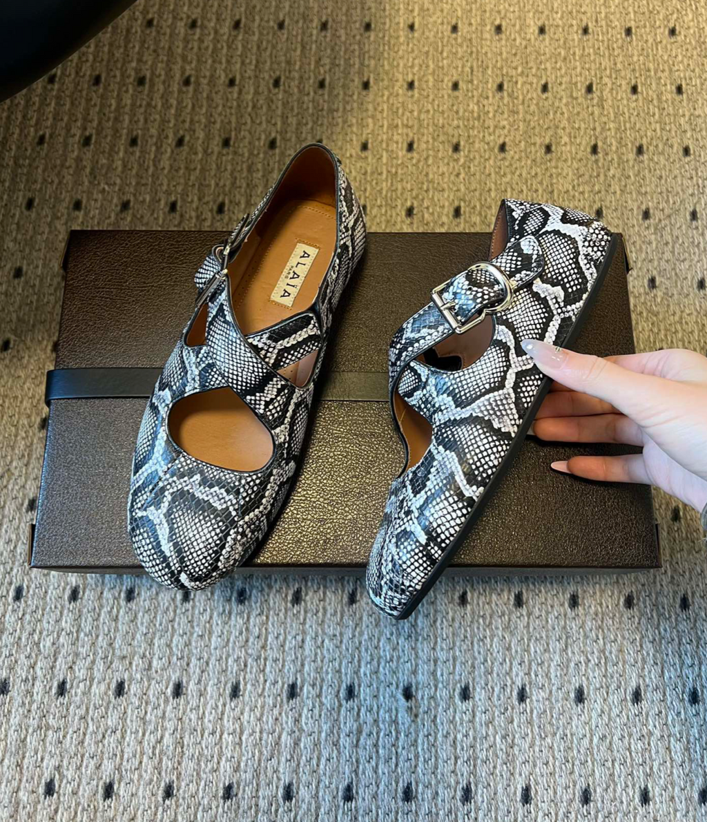 ALAÏA CRISS CROSS SNAKESKIN BALLET FLATS