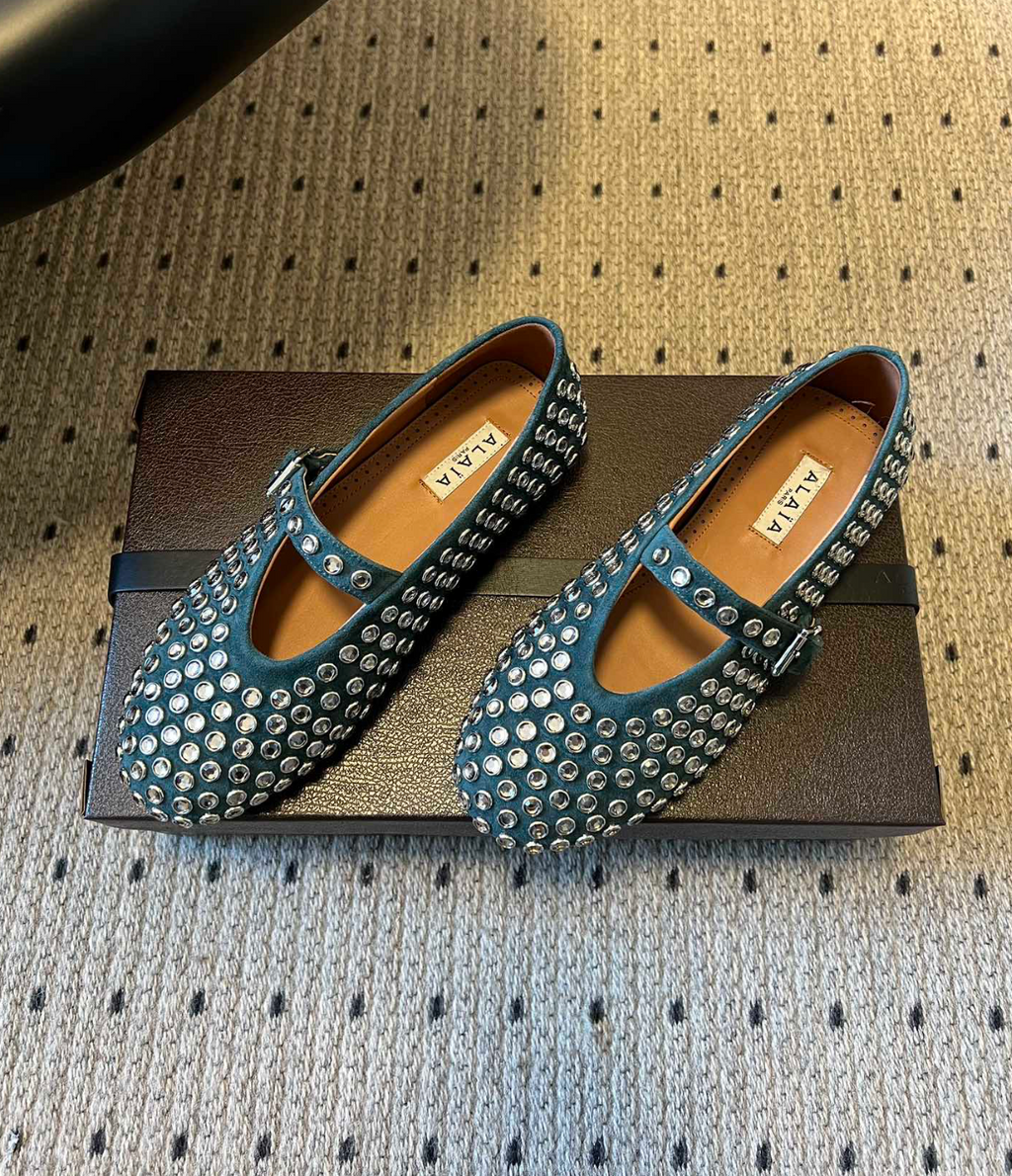ALAÏA GREEN STRASS SUEDE BALLET FLATS
