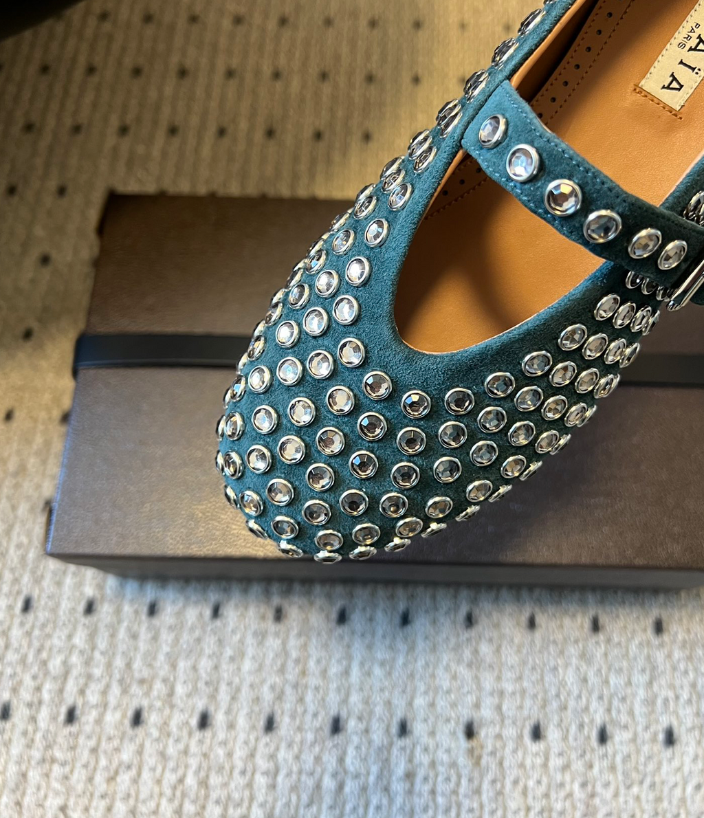 ALAÏA GREEN STRASS SUEDE BALLET FLATS
