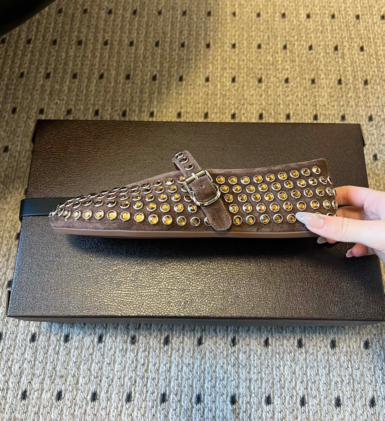 ALAÏA BROWN STRASS SUEDE BALLET FLATS