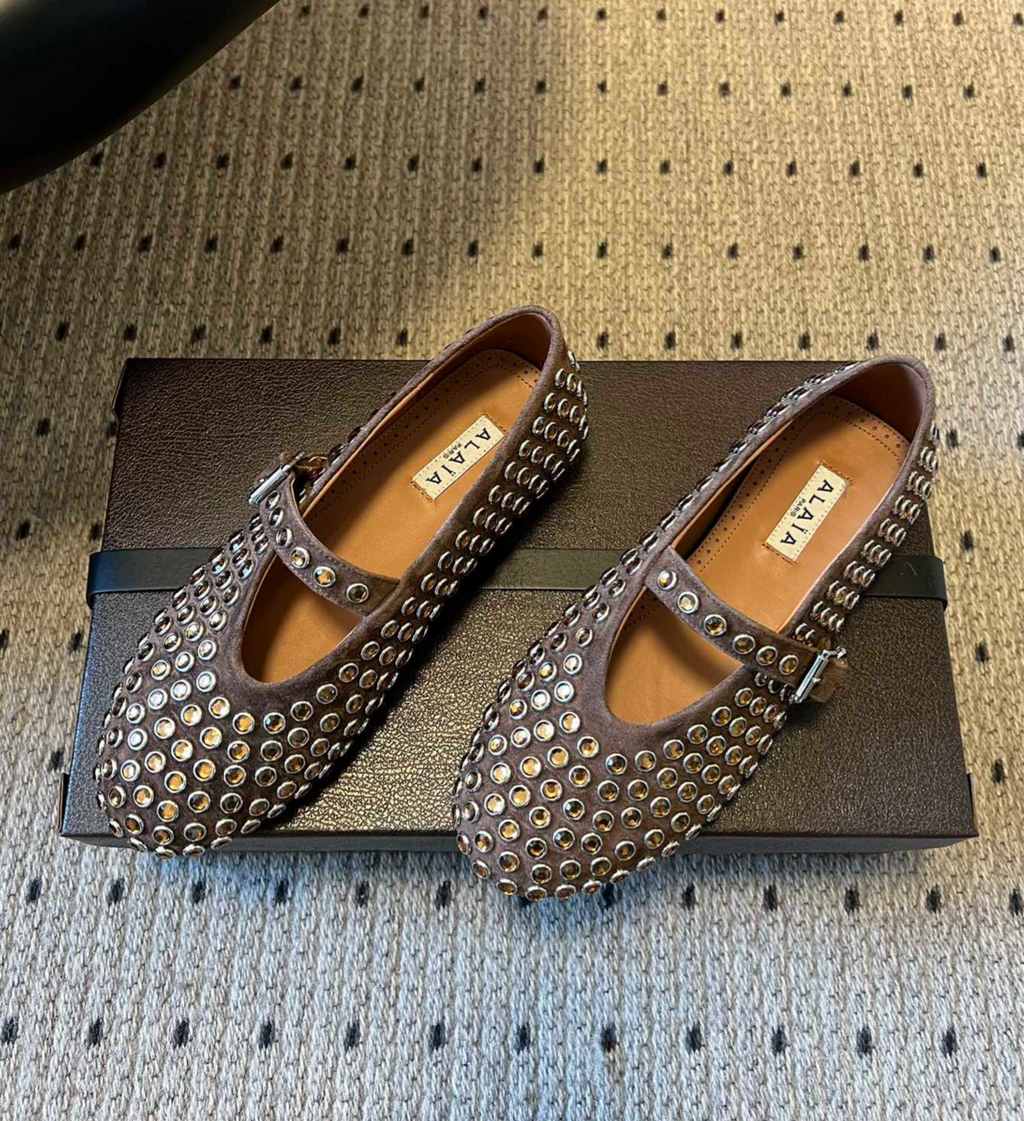 ALAÏA BROWN STRASS SUEDE BALLET FLATS