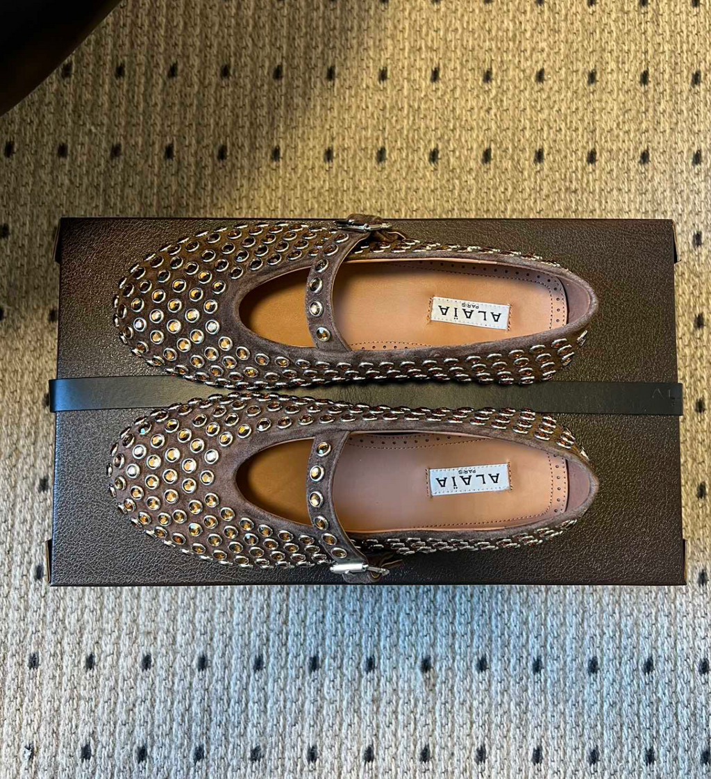ALAÏA BROWN STRASS SUEDE BALLET FLATS