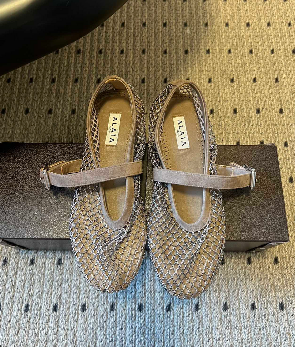 ALAÏA BEIGE BALLET FLATS IN STRASS FISHNET