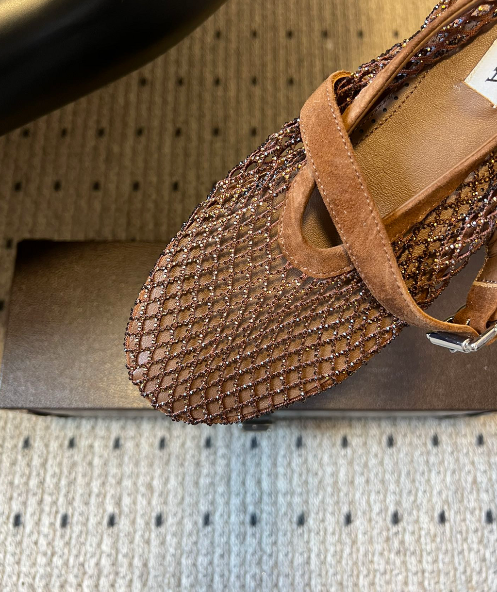 ALAÏA LIGHT BROWN BALLET FLATS IN STRASS FISHNET