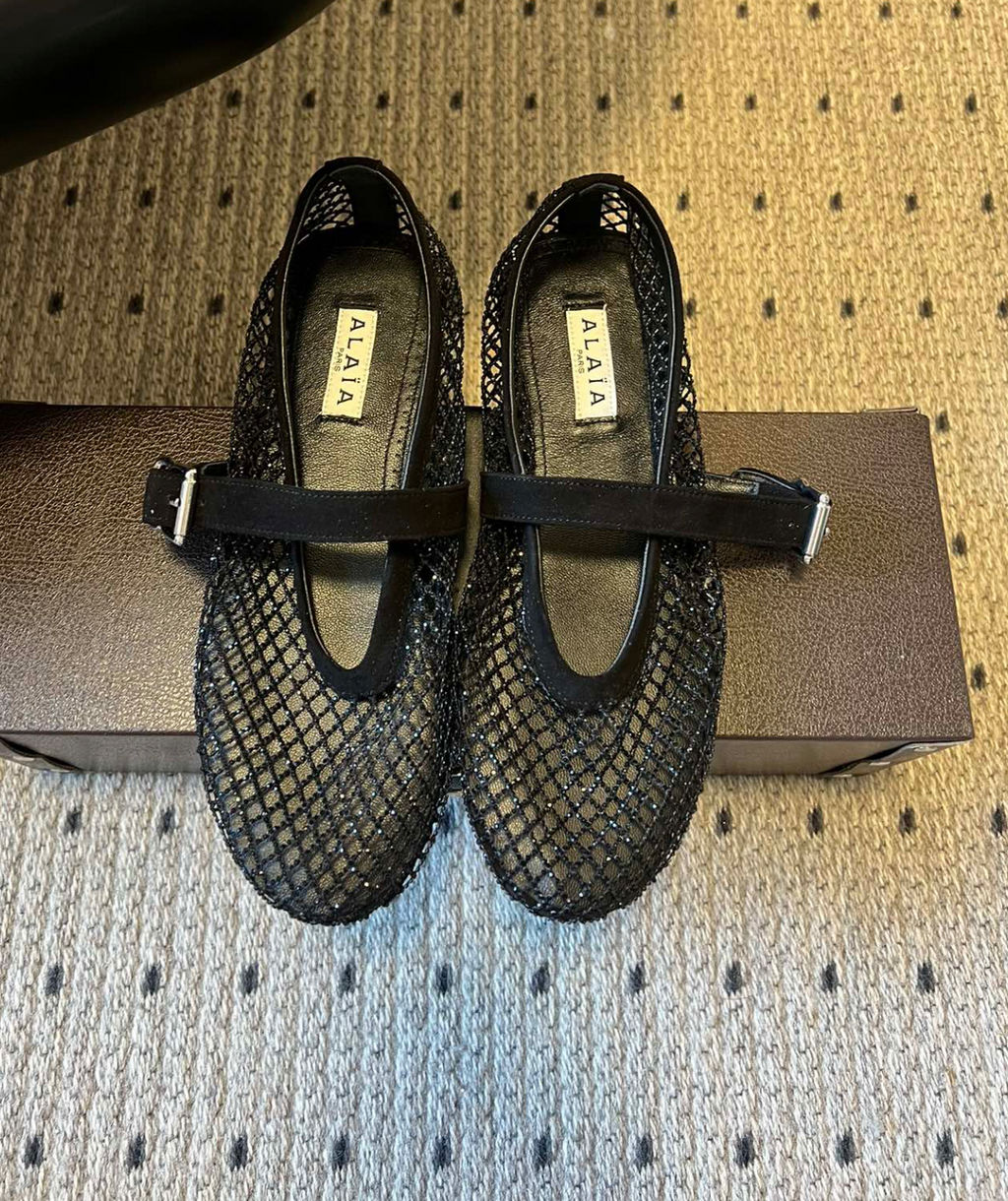 ALAÏA NOIR BALLET FLATS IN STRASS FISHNET