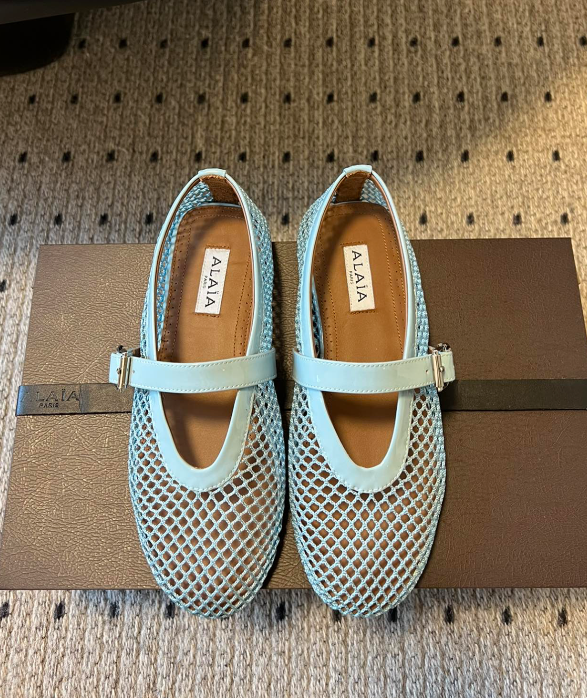 ALAÏA LIGHT BLUE BALLET FLATS IN FISHNET
