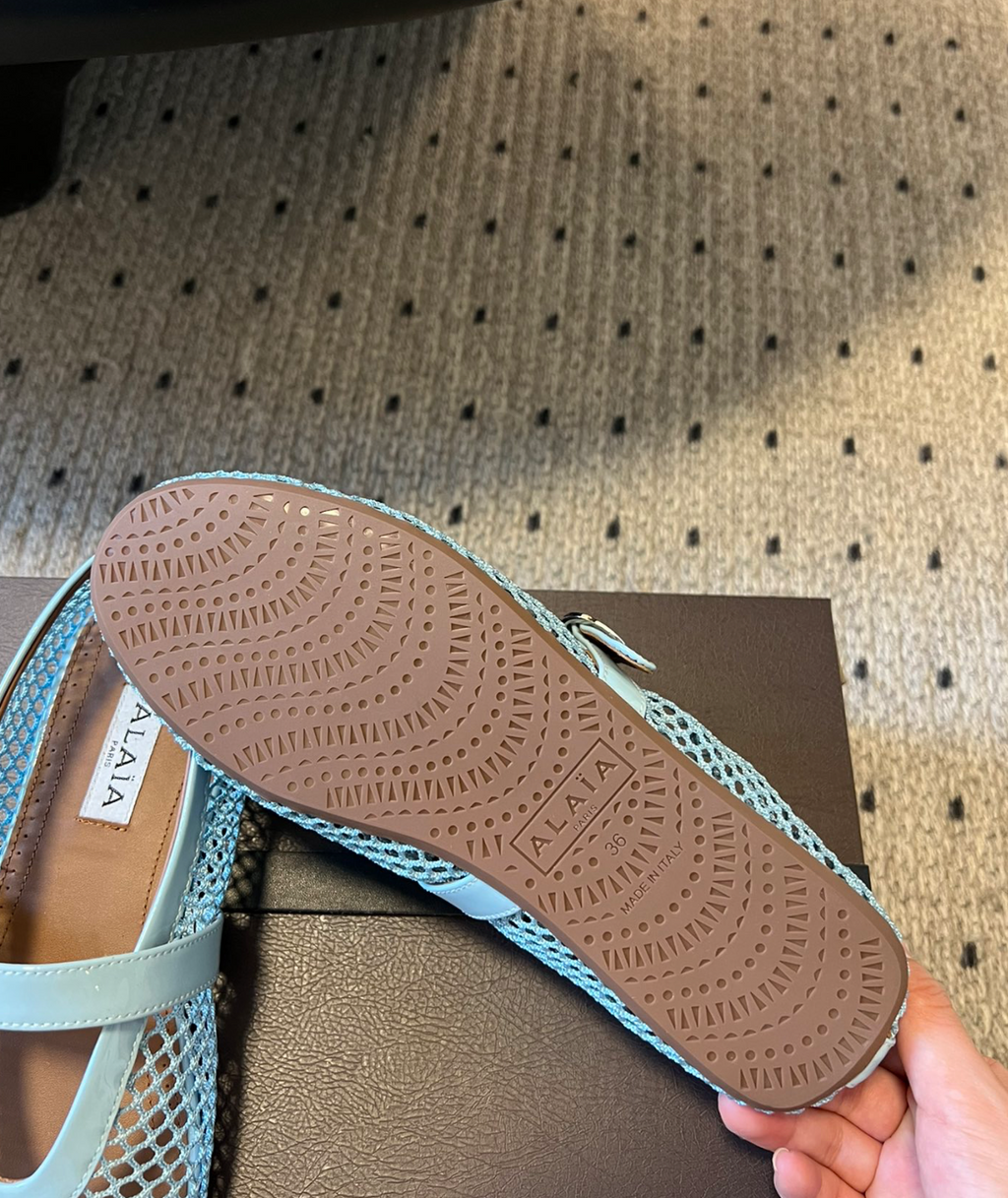 ALAÏA LIGHT BLUE BALLET FLATS IN FISHNET