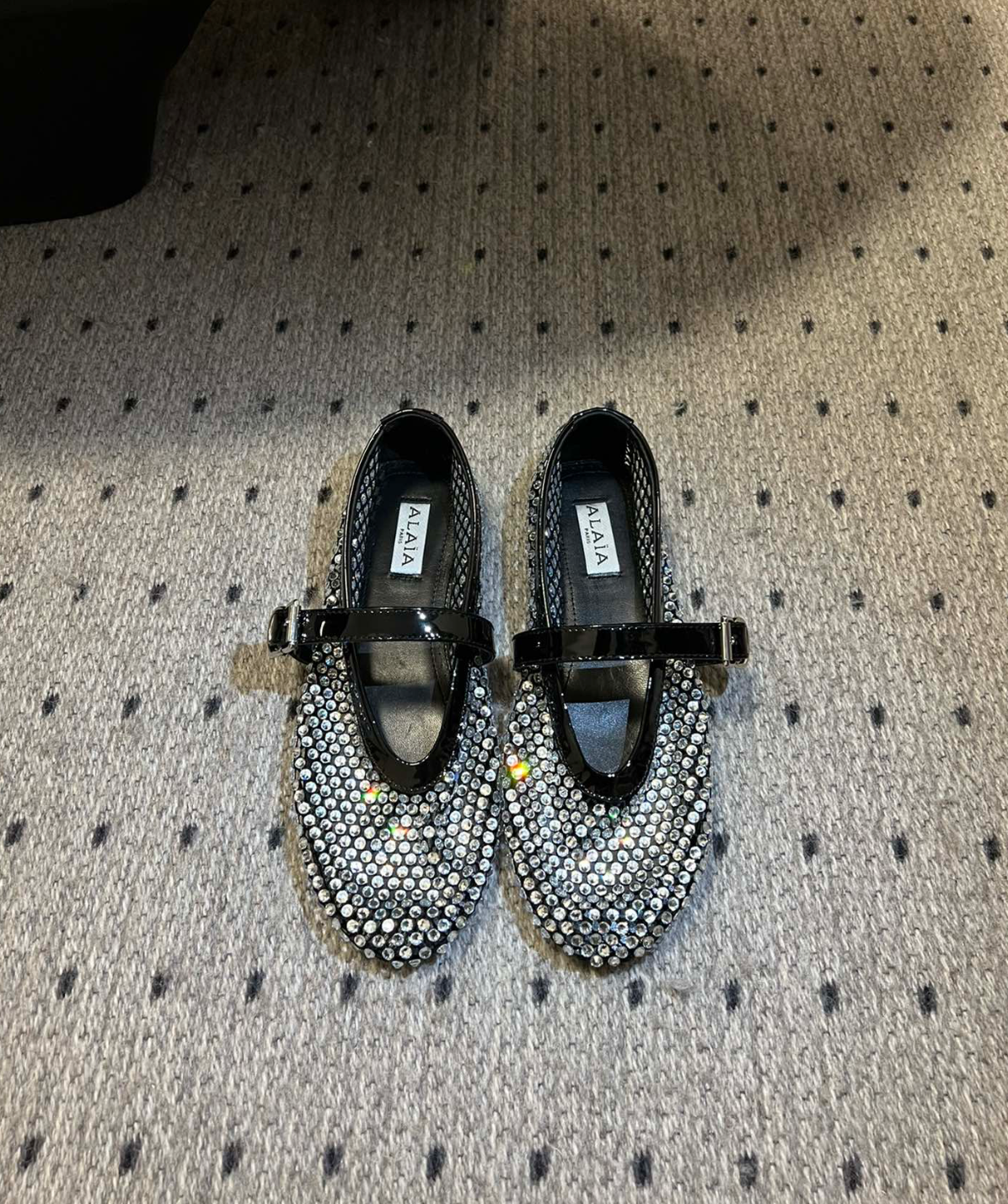 ALAÏA NOIR CRYSTAL BALLET FLAT IN FISHNET LEATHER