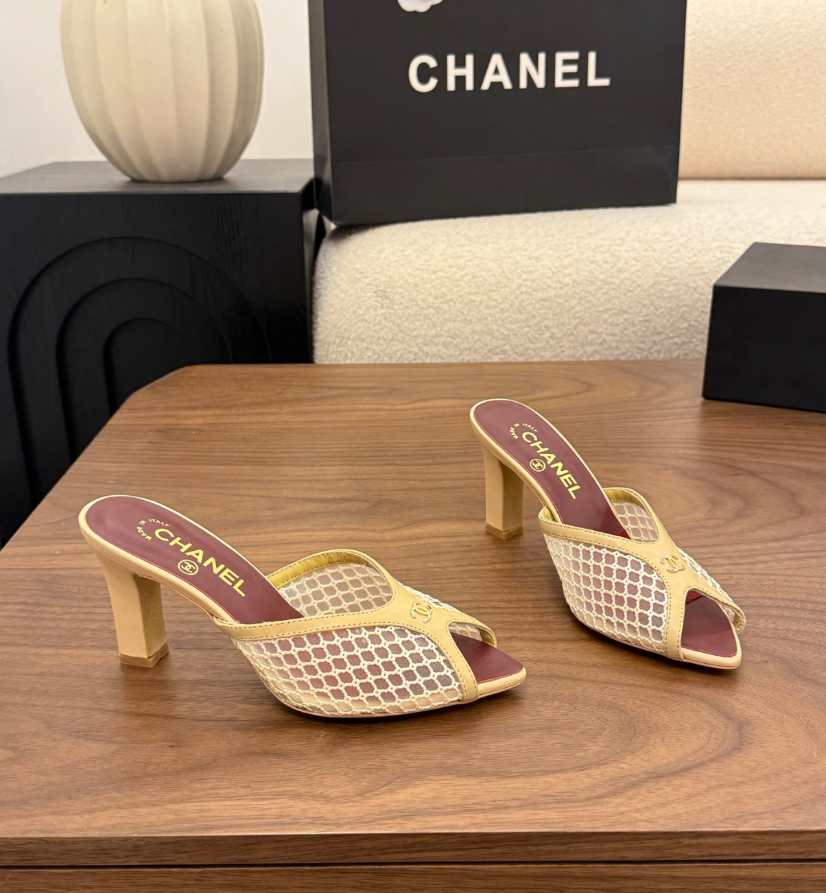 CHANEL Mules in Sand Mixed Fibers Cotton & Lambskin