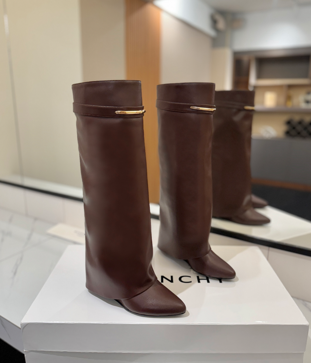 GIVENCHY Shark Leather Knee Boots Brown
