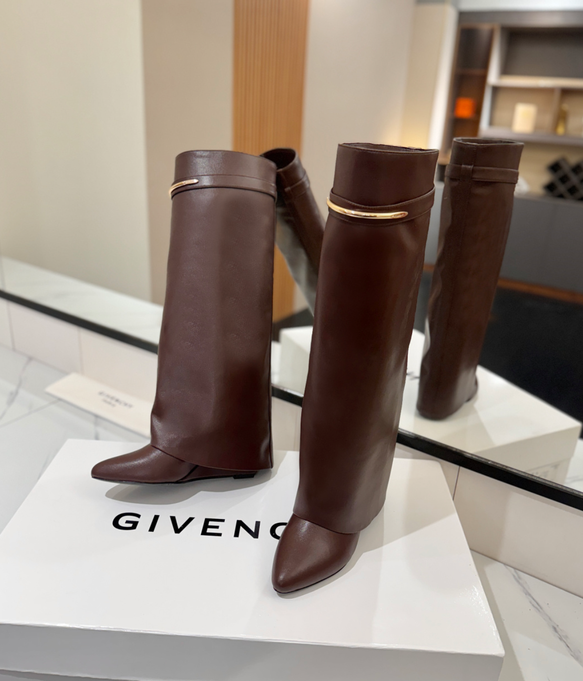 GIVENCHY Shark Leather Knee Boots Brown