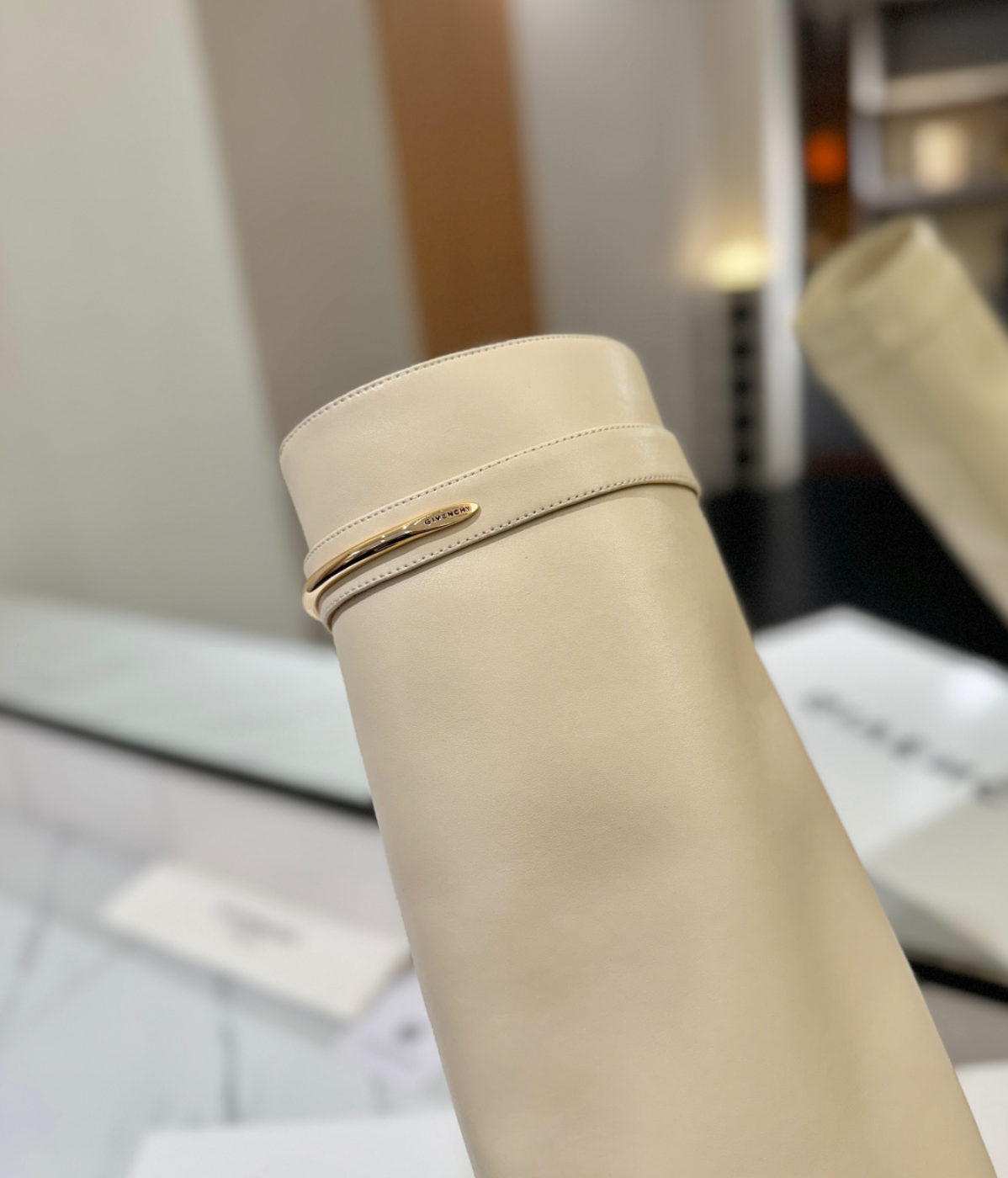 GIVENCHY Shark Leather Knee Boots Off White