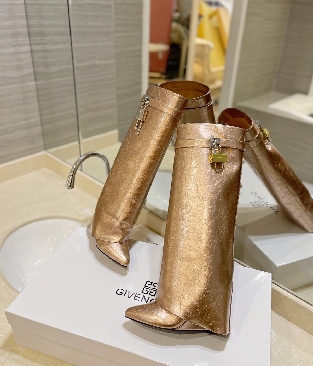 GIVENCHY Shark Lock Boots In Gold