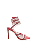 Chandelier embellished Red satin sandals with clear rhinestones