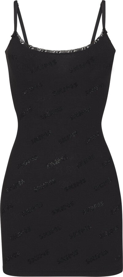 RHINESTONE LOGO POINTELLE MINI SLIP DRESS