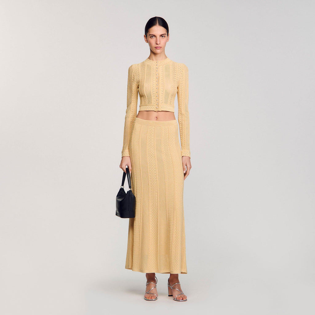 SANDRO Pointelle Knit Maxi Skirt in Natural