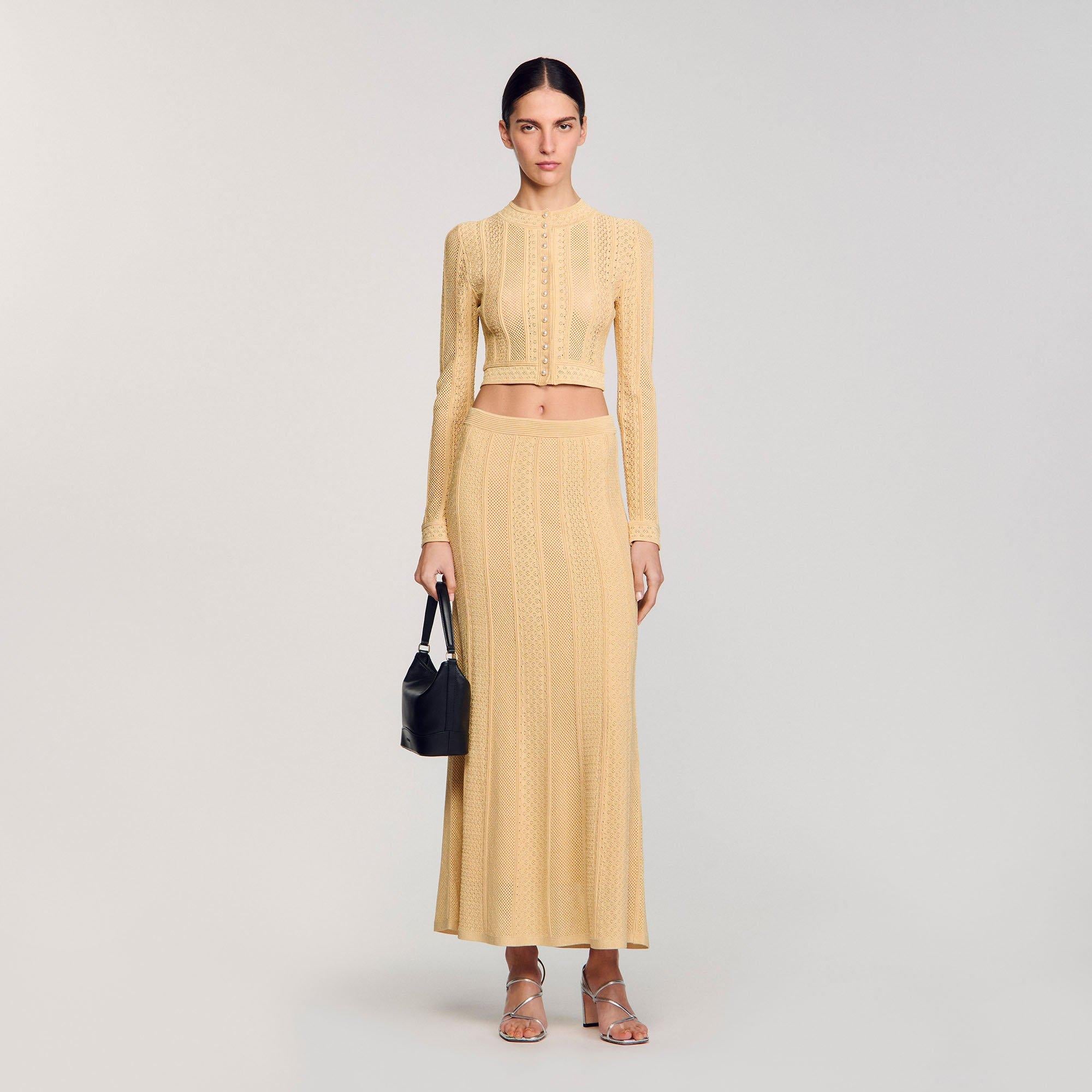 SANDRO Pointelle Knit Maxi Skirt in Natural