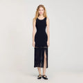 SANDRO Fringed Knit Black Dress