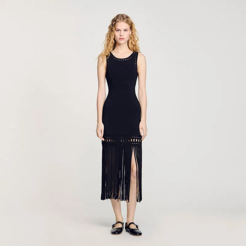 SANDRO Fringed Knit Black Dress